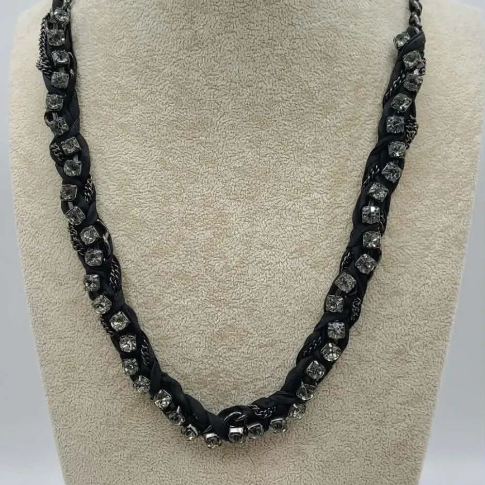 J Crew Gunmetal Woven Black Satin Ribbon with Crystals Necklace